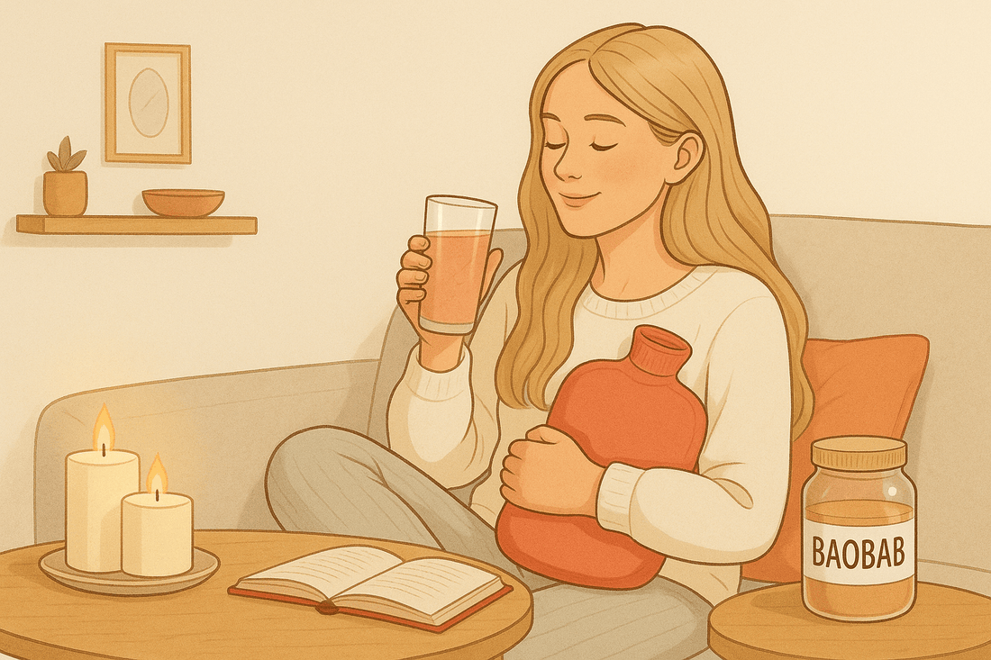 Frau auf Couch mit Wärmeflasche und Glas mit Baobab-Drink in der Hand. Entspannte Stimmung mit Kerzen.
