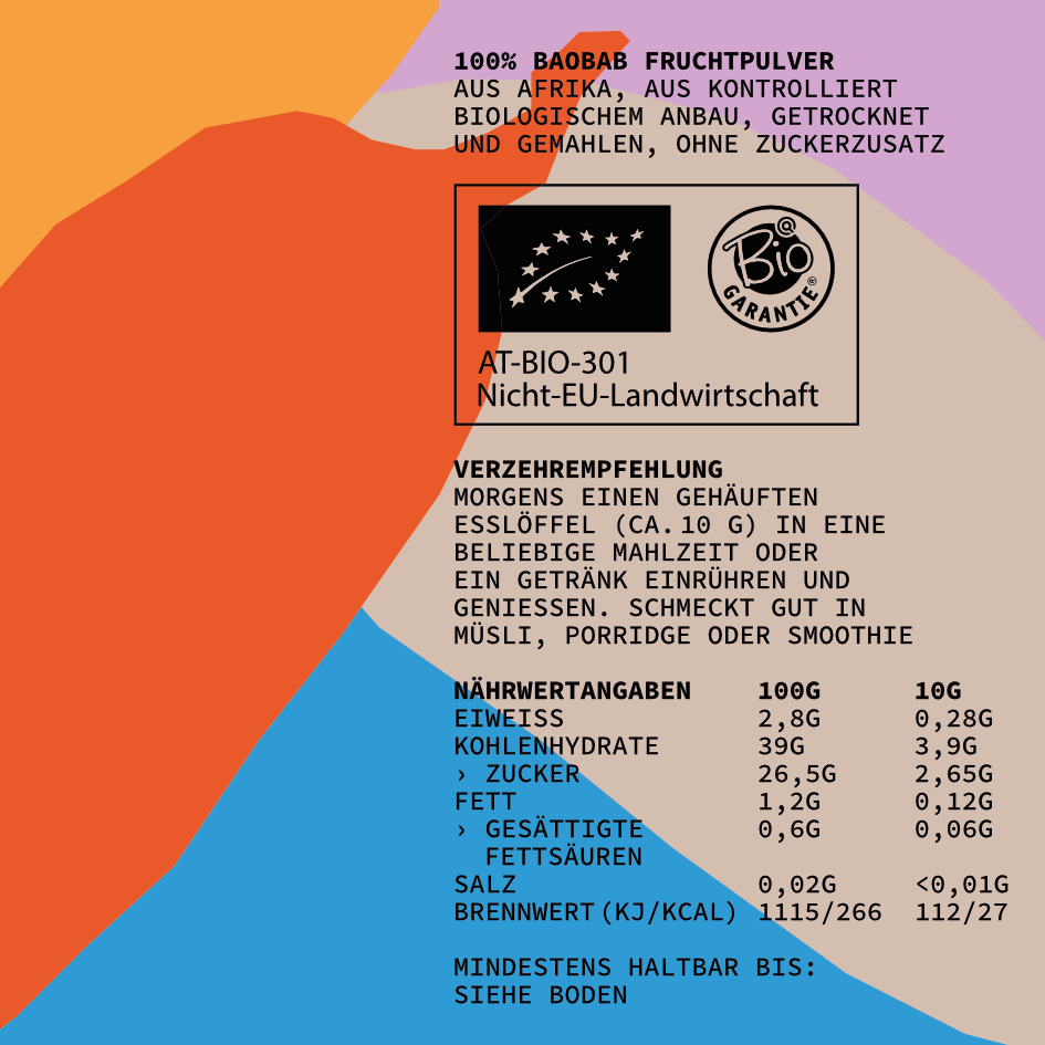 Baobab Pulver Etikett | Aus kontrolliert biologischem Anbau | Verzehrempfehlung & Nährwertangaben © BAOBABA