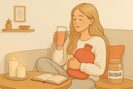 Frau auf Couch mit Wärmeflasche und Glas mit Baobab-Drink in der Hand. Entspannte Stimmung mit Kerzen.